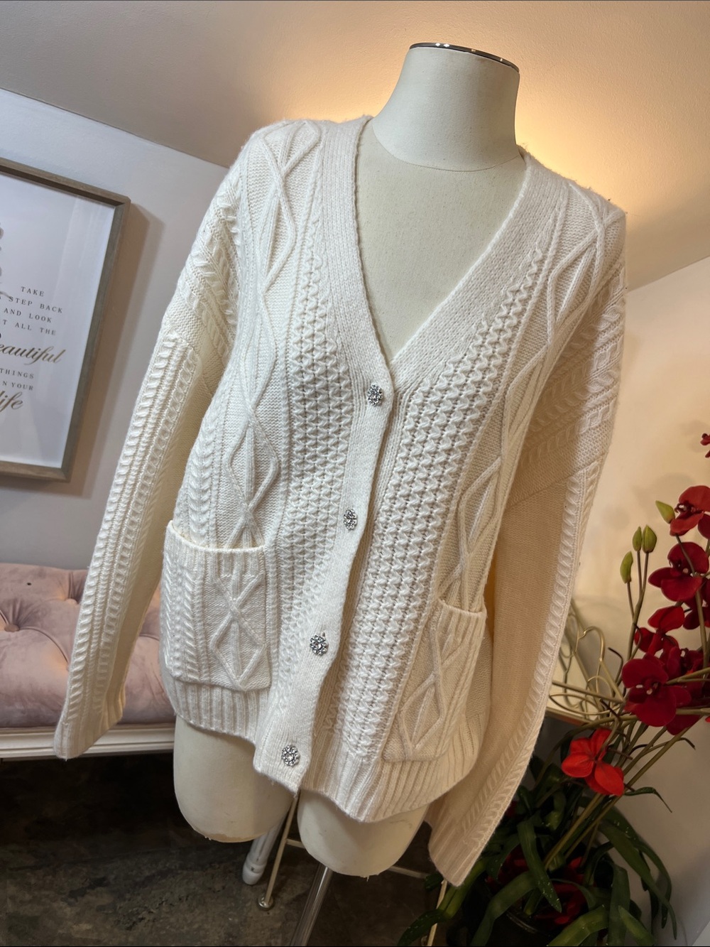 Rails Cream Bixby Cable Knit Cardigan w/ Crystal Buttons NWT Size Large